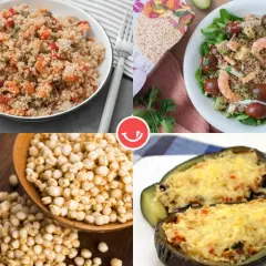 Cuatro imágenes de deliciosas recetas con quinoa: ensalada con camarones, berenjenas rellenas, quinoa con verduras y granos de quinoa.