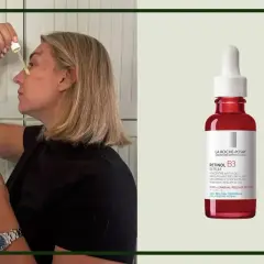 Kobieta aplikuje serum z retinolem. Retinobaza 17000 krem na co pomaga? Wygładza zmarszczki i odnawia skórę.