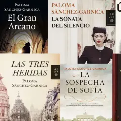 Kolaż okładek książek Palomy Sánchez-Garnica: "El Alma de las Piedras", "El Gran Arcano", "La Sonata del Silencio", "Últimos Días en Berlín", "La Brisa de Oriente", "Las Tres Heridas", "La Sospecha de Sofía", "Mi Recuerdo es más fuerte que tu Olvido".