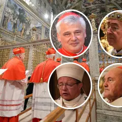 Portret kardynałów polskich w strojach liturgicznych. W tle freski i złote zdobienia.