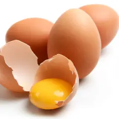 Huevos marrones, uno roto mostrando la yema brillante. ¡Un manjar que los perros pueden comer!
