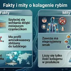 Fakty i mity o kolagenie rybim. Kolagen hydrolizowany szybko się wchłania, ma profil aminokwasowy zbliżony do ludzkiego, a jego jakość zależy od źródła.