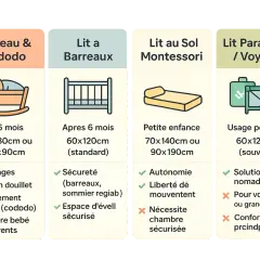 Tableau comparatif des lits pour bébé : berceau (0-6 mois), lit à barreaux (après 6 mois), lit au sol Montessori (petite enfance), lit parapluie (voyage). Il répond à la question : lit bébé jusqu'à quel âge.