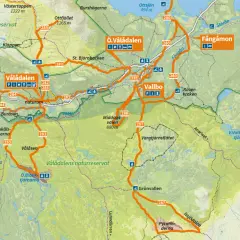 Karta över Vålådalen med markerade leder för vålådalen vandring. Visar Vålådalens naturreservat, fjälltoppar, sjöar och byar som Vallbo och Fångåmon.