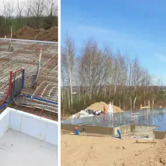 Budowa ciepłej płyty fundamentowej z instalacją ogrzewania podłogowego i przyłączami hydraulicznymi. Betonowa płyta lśni w słońcu.