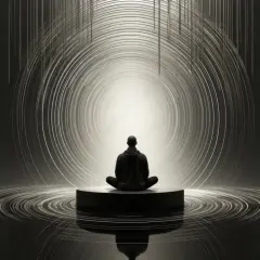Figura in meditazione al centro di un vortice di luce, alla ricerca dello scopo della vita.