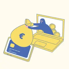 Ein Dieb stiehlt Geld von einer Kreditkarte über einen Laptop. Das zeigt, was ist phishing: Betrug mit persönlichen Daten.