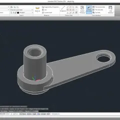 Model 3D elementu mechanicznego w formacie dwg. Widoczny jest cylinder połączony z płaskim ramieniem z otworem.