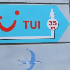 Niebieski szyld TUI z logo i strzałką wskazuje drogę do biura podróży, 35m. Może to być znak, że czas na rezygnację z wycieczki i powrót do domu.