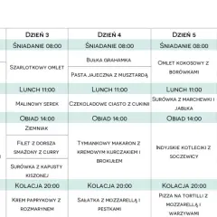 Tygodniowy plan posiłków, idealny dla diety 1500 kcal. Zawiera propozycje śniadań, lunchów i obiadów na każdy dzień.