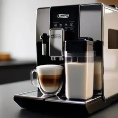 Automatyczny ekspres DeLonghi z kawą i mlekiem. Dowiedz się, jak często wymieniać filtr w ekspresie DeLonghi, by cieszyć się idealnym smakiem.