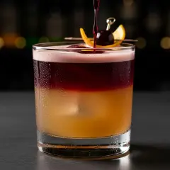 En vackert lagerdelad New York Sour med en körsbärs- och apelsingarnityr.