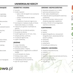 Lista rzeczy na wakacje: dokumenty, kosmetyki, leki, ubrania, jedzenie, elektronika i akcesoria. W góry dodatkowo: czołówka, ciepła kurtka, buty trekkingowe.