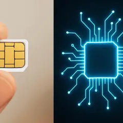Karta internetowa w dłoni i schemat układu scalonego.