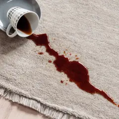 Taza de café volcada sobre una alfombra beige con flecos. Aprende como limpiar los flecos de las alfombras para evitar manchas.