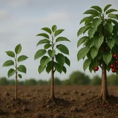 Cztery drzewka czereśni w różnym wieku, od sadzonki do drzewa z owocami. Pokazują, po ilu latach owocuje czereśnia.
