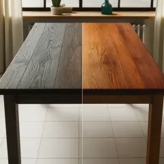 Table en bois divisée en deux : d'un côté sombre, de l'autre couleur naturelle. Un avant-après pour éclaircir le bois.