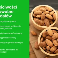 Migdały właściwości: wspierają serce, wchłanianie żelaza, kontrolę cukrzycy, układ nerwowy, zdrowe kości i są korzystne dla kobiet w ciąży.