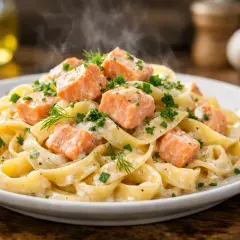 Assiette de tagliatelles crémeuses parsemées de morceaux de saumon rose, garnie de persil frais et d'aneth. Un plat appétissant de tagliatelles au saumon fumant.