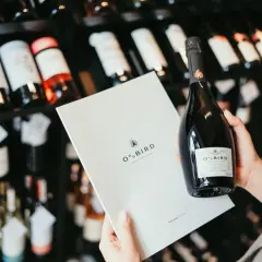 Ręce trzymają butelkę i broszurę z napisem "Oddbird Liberated from alcohol". To wino bezalkoholowe, idealne na każdą okazję.