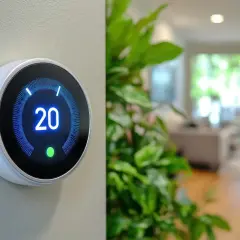 Thermostat connecté affichant 20°C, prêt à gérer la température de votre poêle à granulés pour un confort optimal.