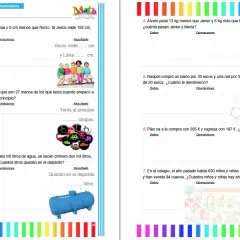 Problemas matemáticos de 5º primaria con ejercicios de cálculo y lógica. Incluye imágenes de niños, un depósito y chapas.