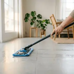 Eine Person reinigt mit einem Mopp den Boden. Die grauen Bodenfliesen glänzen nach der Reinigung.