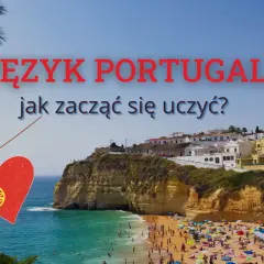 Język portugalski podstawy: serce z flagą Portugalii na tle słonecznej plaży i białych domów. Jak zacząć naukę?