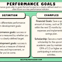 Examples of performance goals for employees include saving $10,000 in 12 months or securing a scholarship by maintaining a 3.5 GPA.