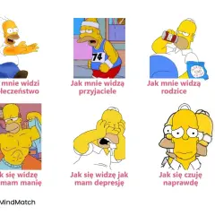 Homer Simpson w sześciu odsłonach: jak widzi go społeczeństwo, przyjaciele, rodzice, jak widzi się sam w manii, depresji i jak czuje się naprawdę. Obrazek ilustruje dwubiegunówkę.