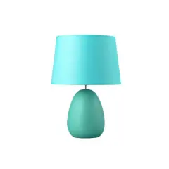 Lámpara turquesa con base en forma de huevo y pantalla cónica.