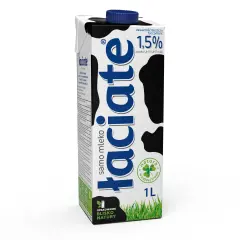 Karton mleka 1,5% tłuszczu, z napisem "laciate" i wzorem w krowie łaty. Idealne mleko po francusku na śniadanie.