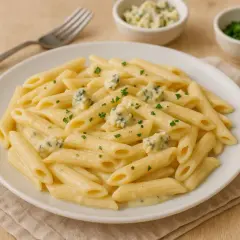 Penne w kremowym sosie z gorgonzolą i mascarpone, posypane natką pietruszki. Idealne danie dla miłośników serowych smaków.