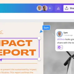 Interfejs programu do prezentacji z komentarzem "Sam: @Olivia looks great! Let's share with the team." i widocznym tytułem "IMPACT REPORT".