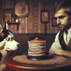 Husky wpatruje się w stos naleśników, zastanawiając się, czy pies może jeść naleśniki. Mężczyzna obserwuje go z boku.