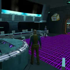 Postacie w grze Star Wars: Knights of the Old Republic II, z widocznym interfejsem i menu, sugerujące kotor 2 spolszczenie.