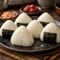 Sju onigiri, risbollar med nori, ligger på en tallrik. Perfekt för en snabb måltid, med tanke på ris koktid.