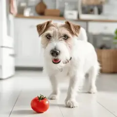 Uroczy piesek w kuchni zastanawia się, czy pies może jeść pomidory. Czerwony pomidor leży na podłodze obok niego.