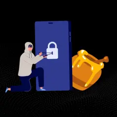Haker próbuje włamać się do telefonu, który jest jak pułapka, obok stoi słoik z miodem, czyli honeypot.