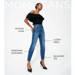 Spodnie mom fit z wysokim stanem, luźnym krojem i zwężanymi nogawkami 7/8. Idealne dla każdej kobiety ceniącej wygodę i styl.