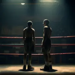 Two young boxers stand in a dimly lit ring, ready for their boxing strength and conditioning training.