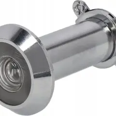 Metalowy judasz w drzwiach, gotowy do zamontowania, byś mógł bezpiecznie zerkać, kto stoi po drugiej stronie.