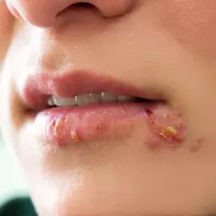 Gros plan sur une bouche avec une cloque sur la lèvre inférieure, montrant des lésions rouges et croûteuses.