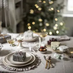 Elegant Christmas tablescape ideas: a festive table set with gifts, cheese, grapes, and champagne, with a blurred Christmas tree in the background.