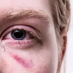 Zbliżenie oka z zaczerwienieniem i siniakiem pod nim, łza spływająca po policzku.