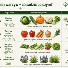 Plan płodozmianu warzyw: rok 1 - żarłoczne (kapusta, dynia), rok 2 - średnio wymagające (pomidor, marchew), rok 3 - strączkowe (fasola, groch), rok 4 - poplony.