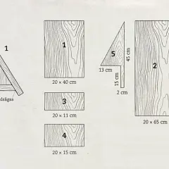 Ritning visar delar till en fladdermusholk. En monterad fladdermusholk med takpapp och måttangivelser för placering.