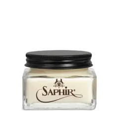 Crème pour le cuir napa Saphir dans un pot en verre avec un couvercle noir.