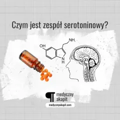Pigułki wypadające z buteleczki, wzór chemiczny serotoniny i przekrój mózgu. Czy to wszystko związane z zespołem serotoninowym?