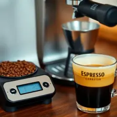 Waga pokazuje 18g ziaren kawy, idealna ilość na filiżankę espresso. Obok stoi szklanka z aromatycznym napojem.